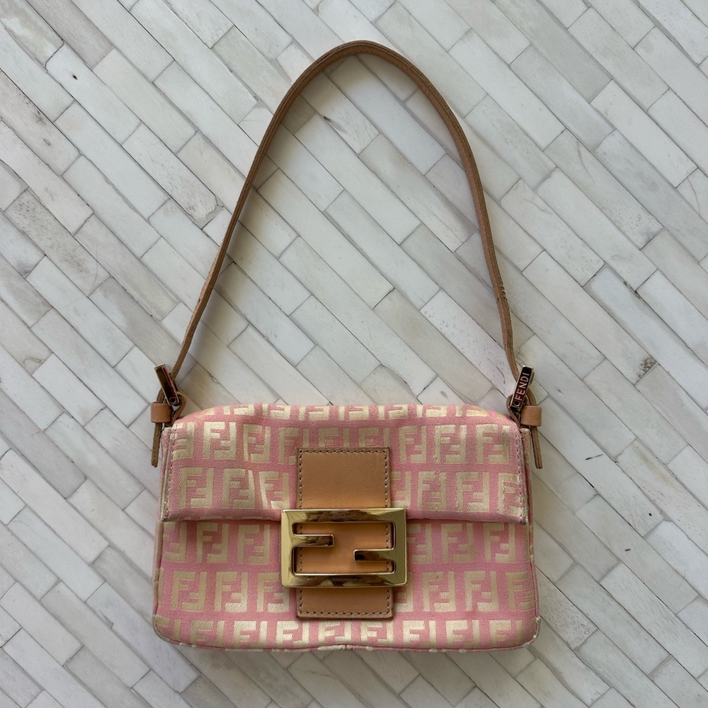 Vintage Fendi Pink Mini Zucchino Canvas Baguette Shoulder Bag